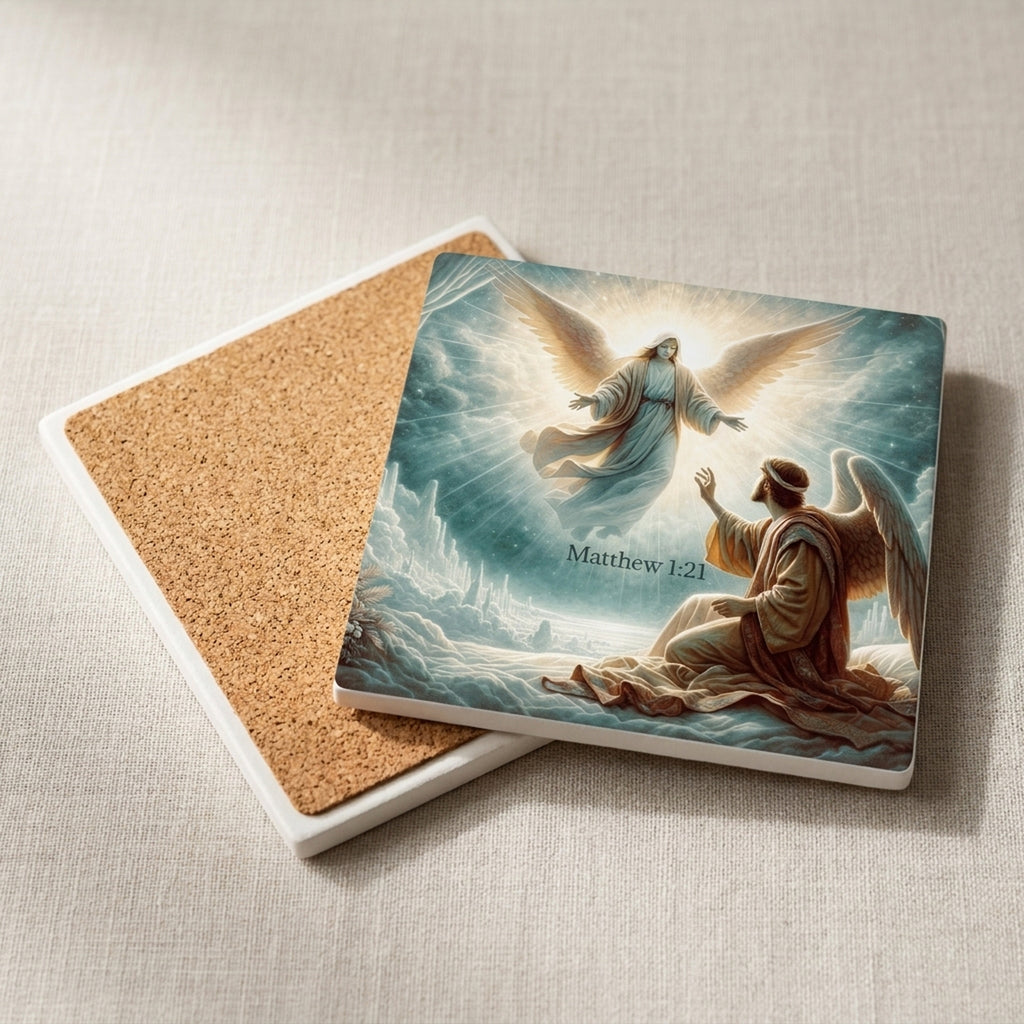 Golden Heavenly Angels ceramic coasters set of 4, cork back