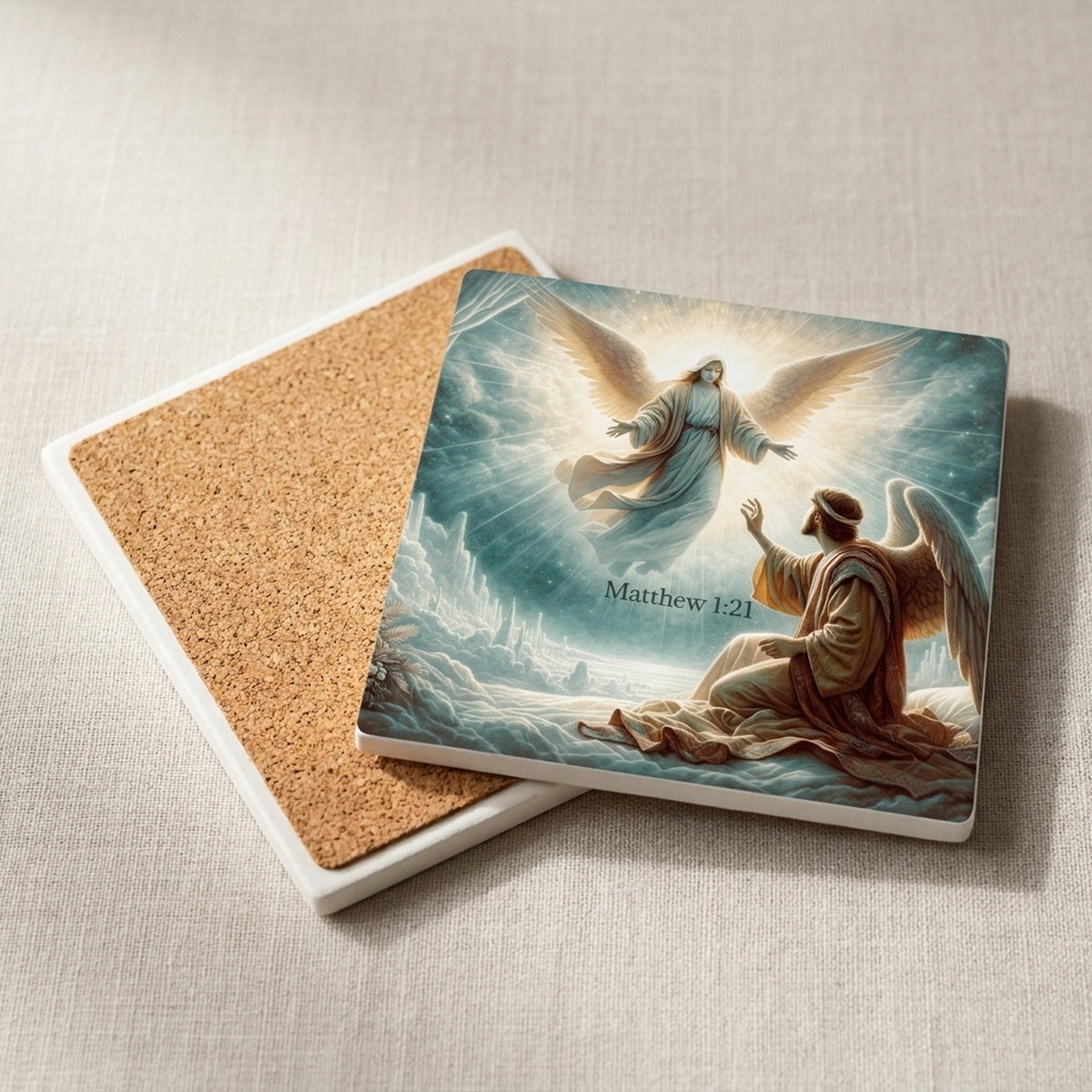Golden Heavenly Angels ceramic coasters set of 4, cork back