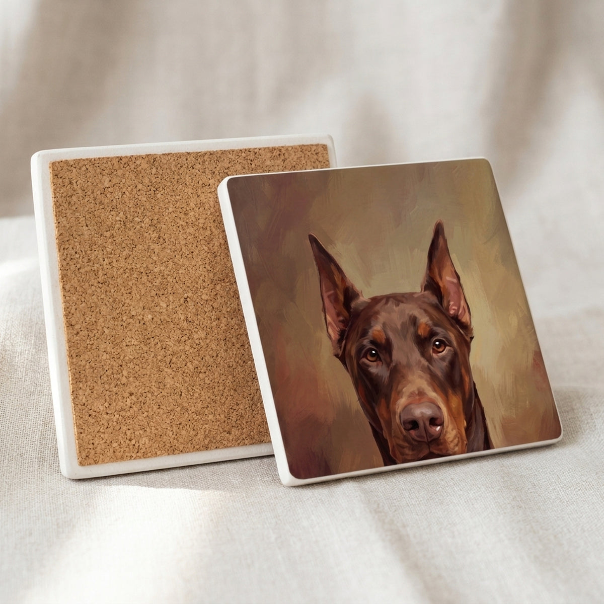 Doberman Portrait ceramic coasters set of 4, cork back