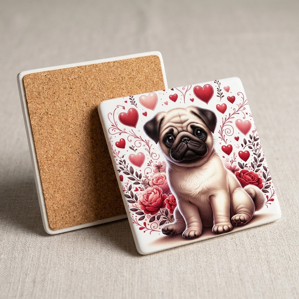 Pug ceramic coasters set of 4, cork back