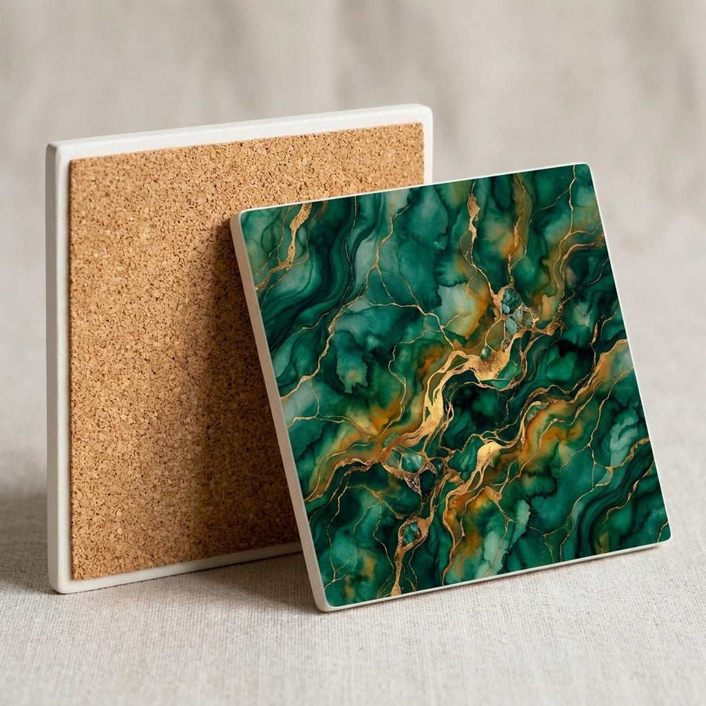 Emerald Marble ceramic coasters set of 4, cork back