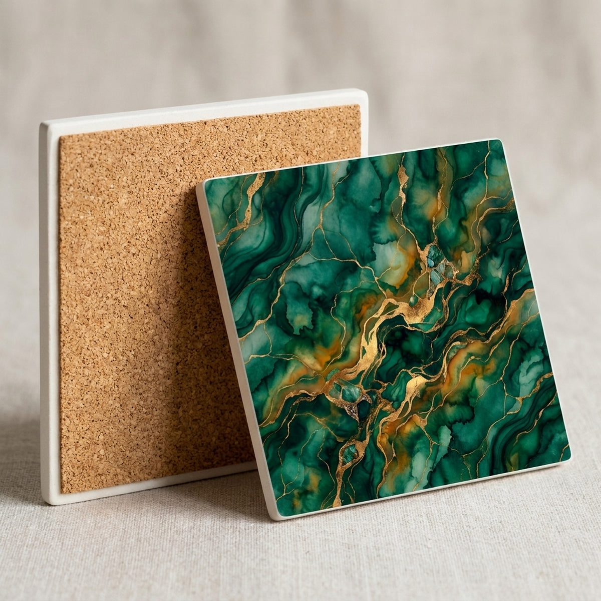 Emerald Marble ceramic coasters set of 4, cork back