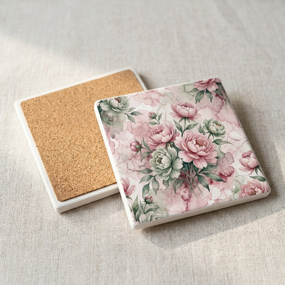 Watercolor Peony Floral ceramic coasters set of 4, cork back