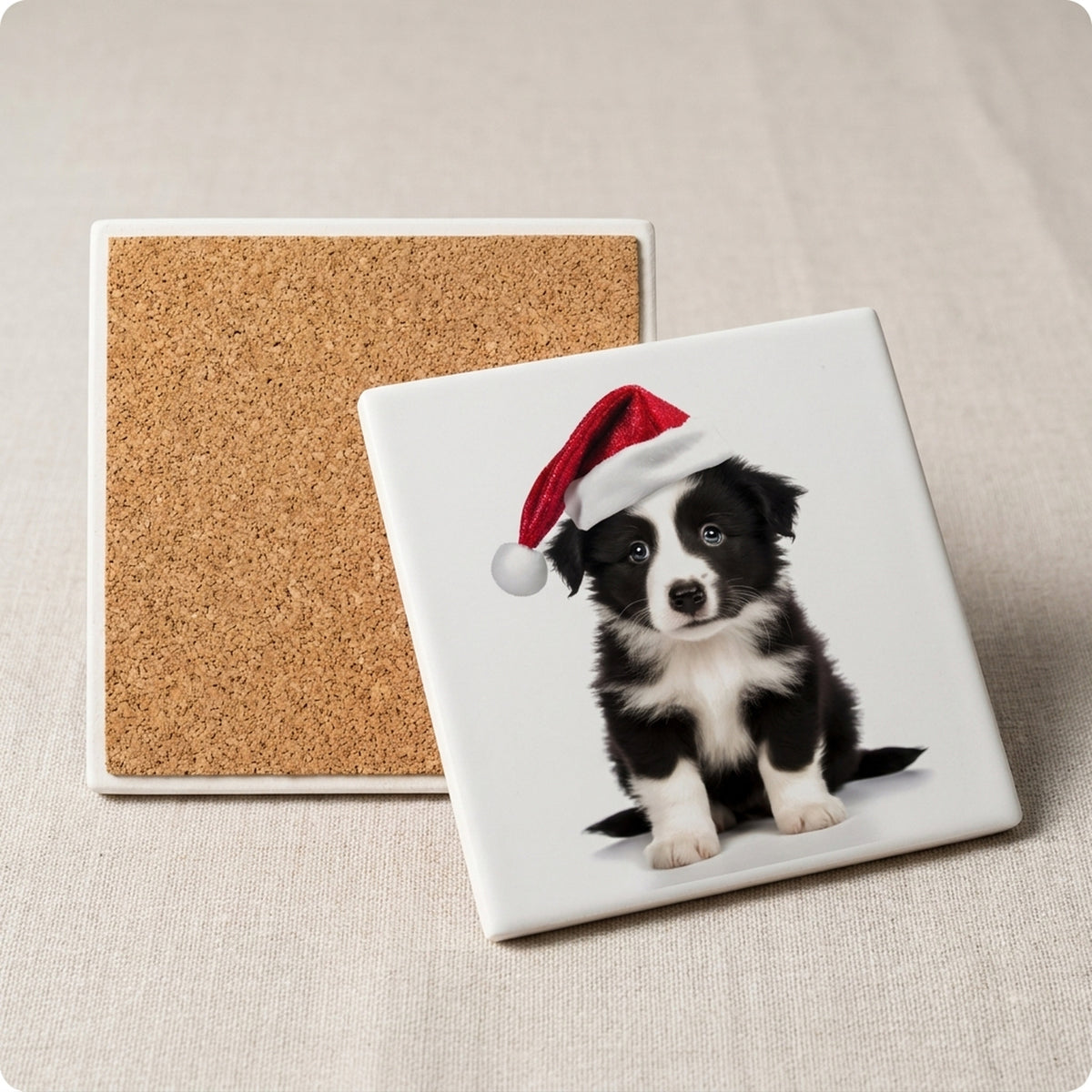 Border Collie Puppy ceramic coasters set of 4, cork back