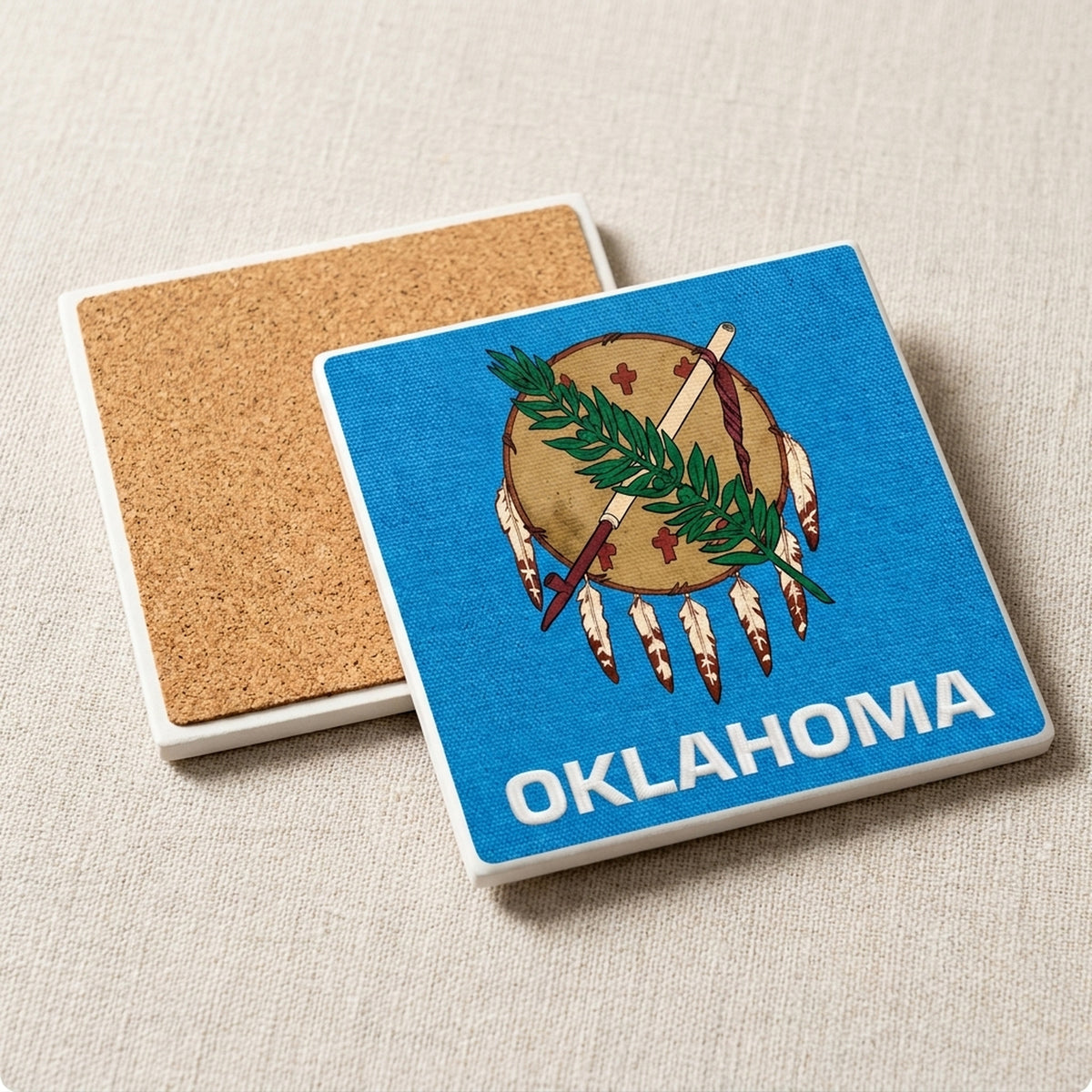 Oklahoma State Flag ceramic coasters set of 4, cork back