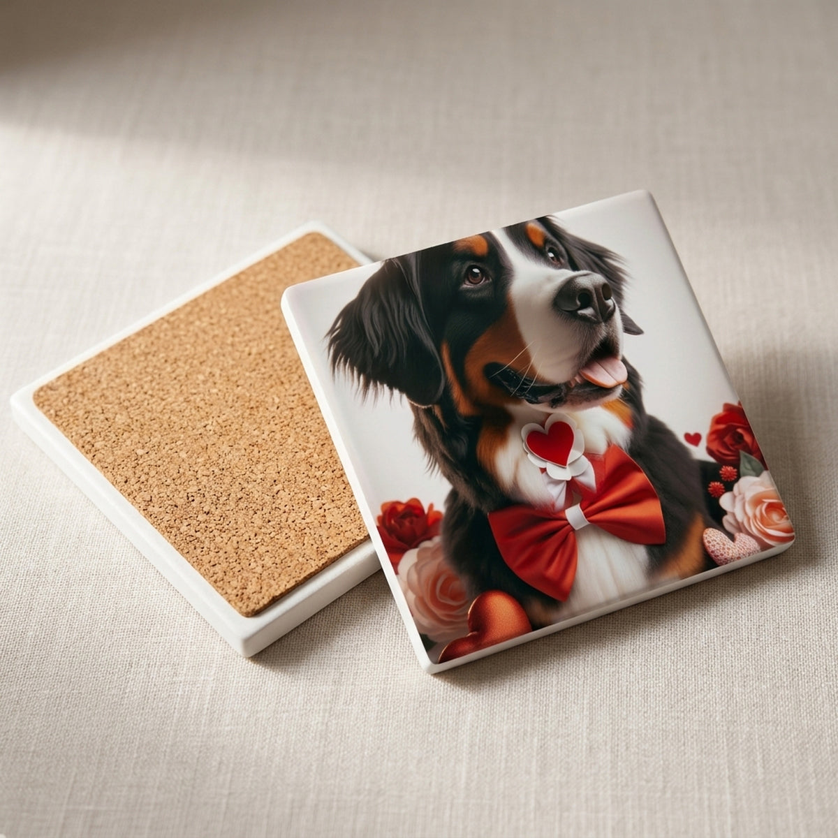 Bernese Mountain Dog ceramic coasters set of 4, cork back