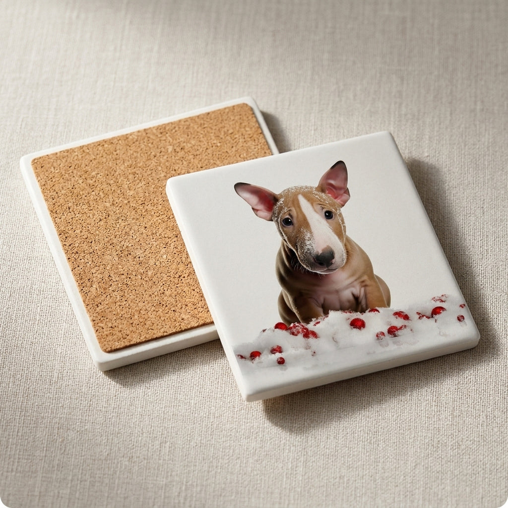Bull Terrier Puppy ceramic coasters set of 4, cork back