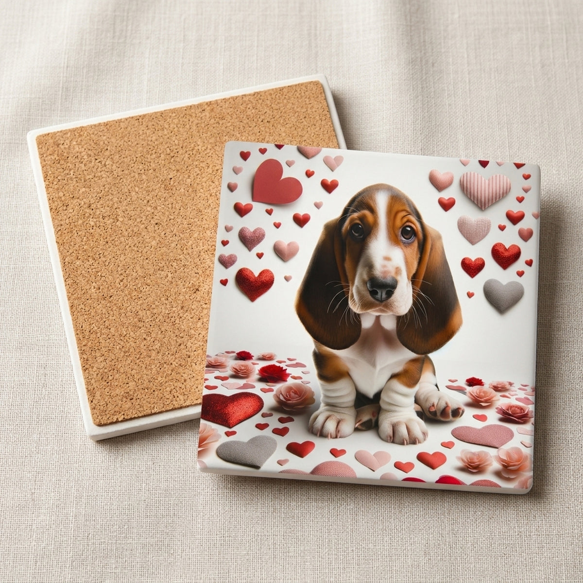 Basset Hound ceramic coasters set of 4, cork back