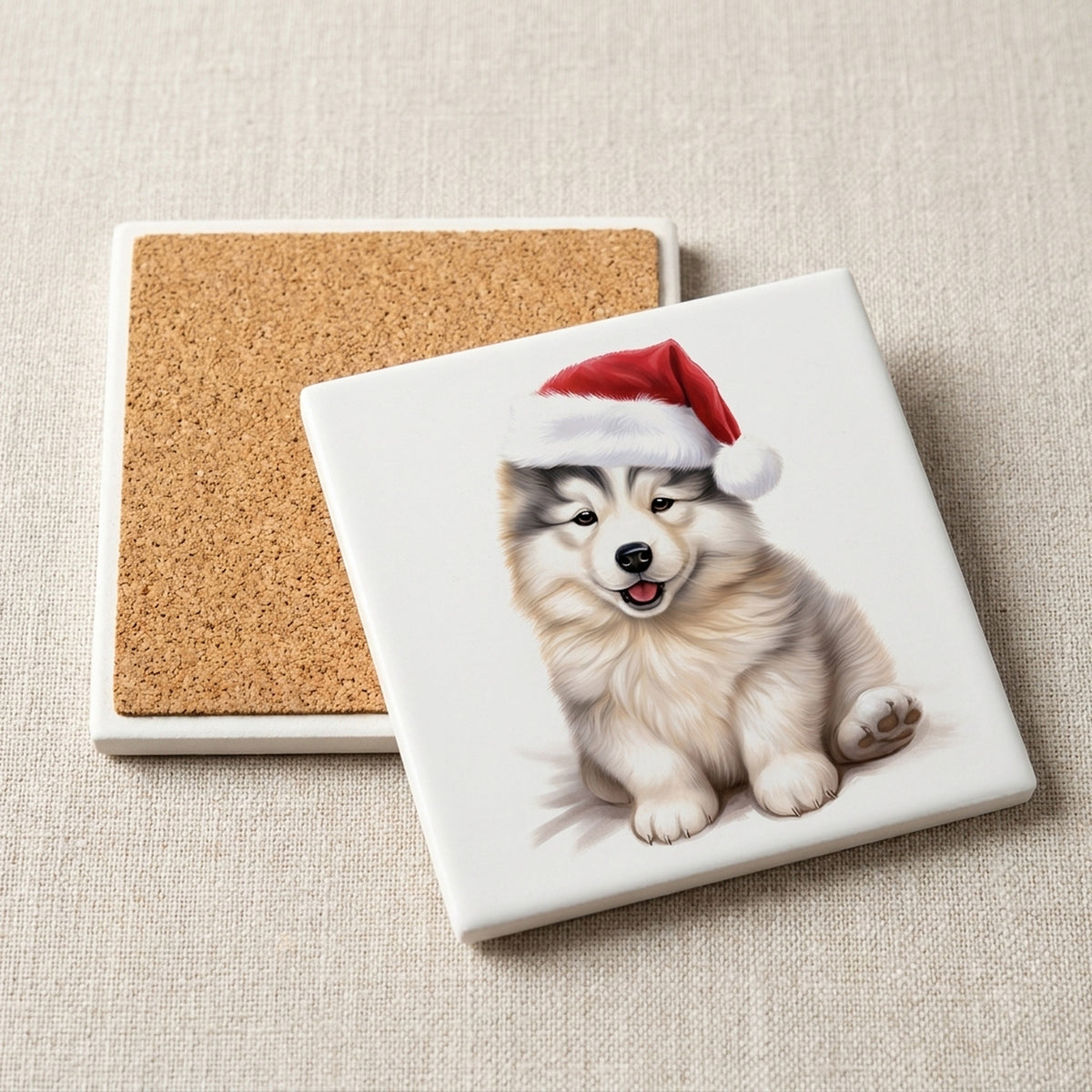 Alaskan Malamute Puppy Drawing ceramic coasters set of 4, cork back