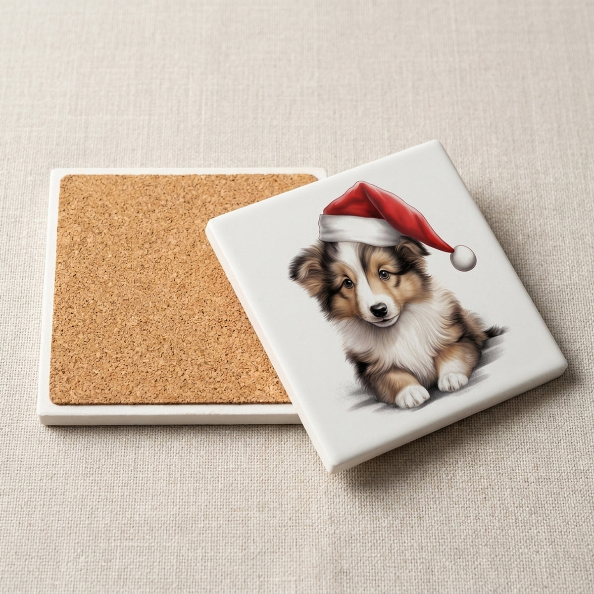 Shetland Sheepdog Puppy Drawing ceramic coasters set of 4, cork back