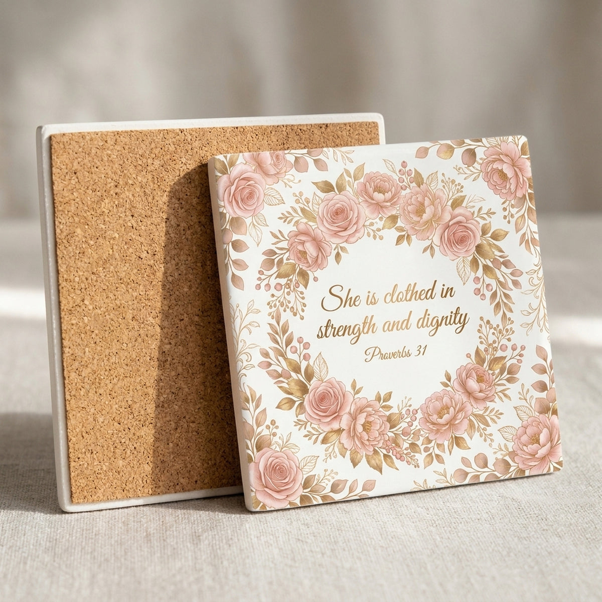 She Is Clothed In Strength ceramic coasters set of 4, cork back