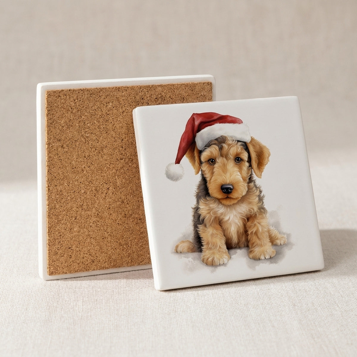 Airedale Terrier Puppy Drawing ceramic coasters set of 4, cork back