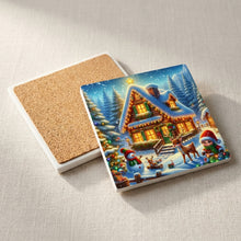 Snowy Christmas Cottage ceramic coasters set of 4, cork back