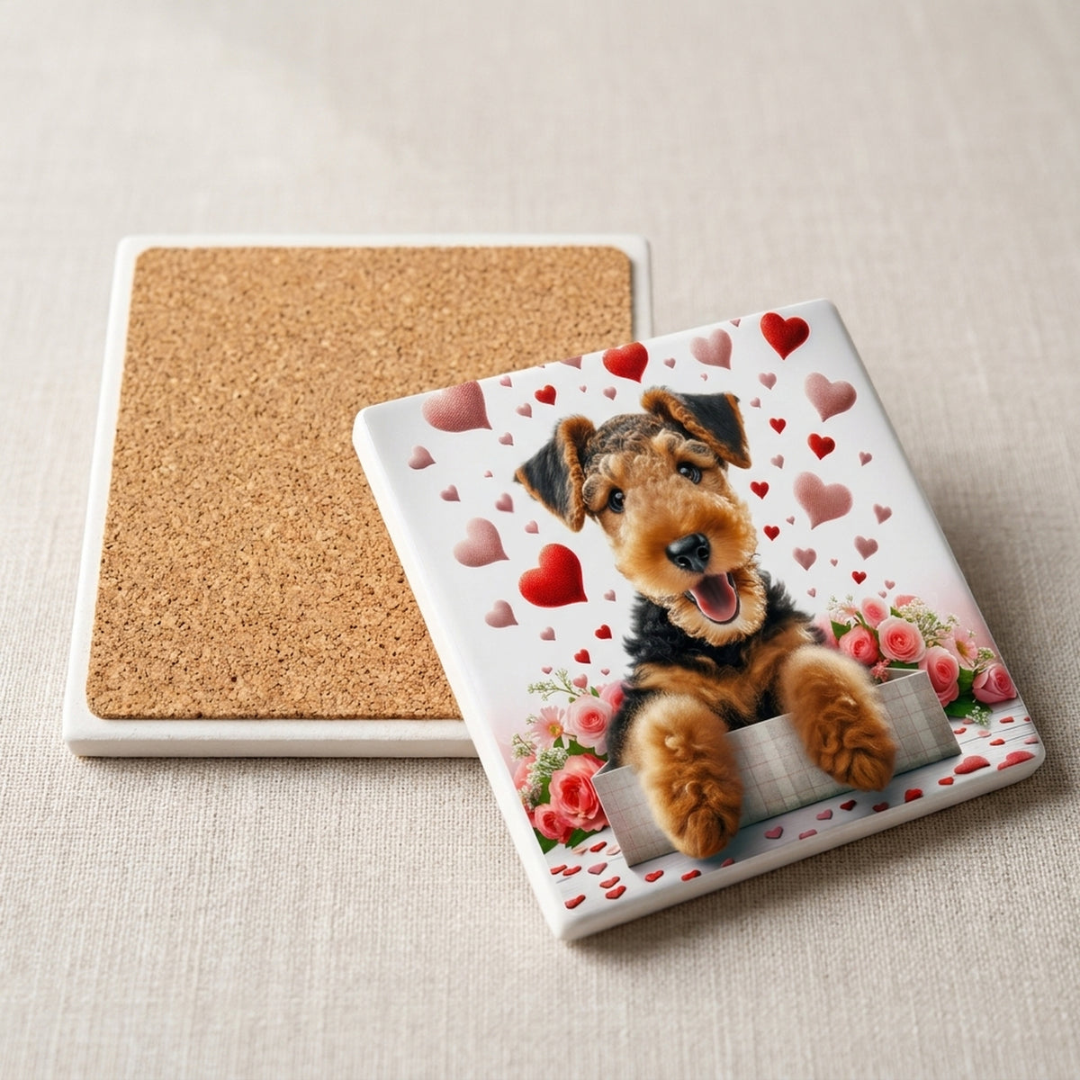 Airedale Terrier ceramic coasters set of 4, cork back
