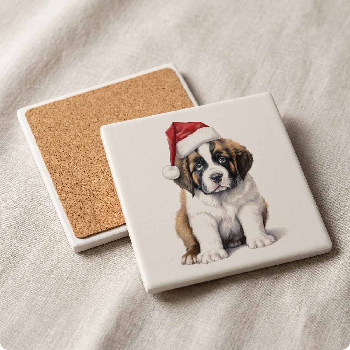 St. Bernard Puppy Drawing ceramic coasters set of 4, cork back