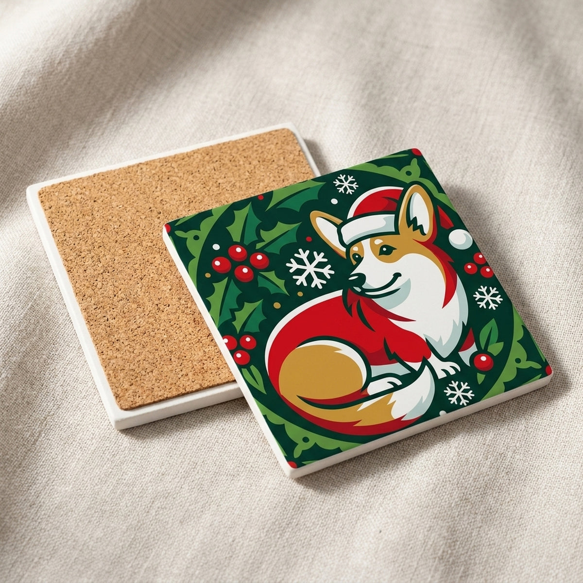 Corgi Christmas Ornament Art ceramic coasters set of 4, cork back