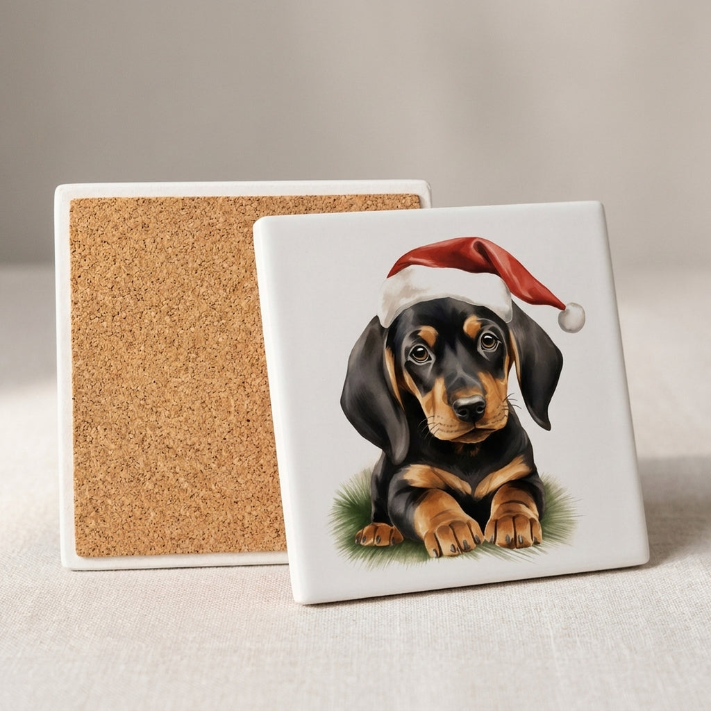 Black and Tan Coonhound Puppy Drawing ceramic coasters set of 4, cork back