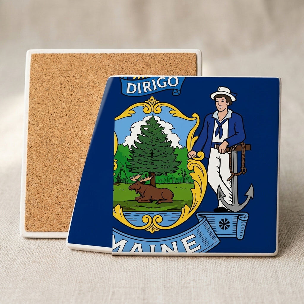 Maine State Flag ceramic coasters set of 4, cork back