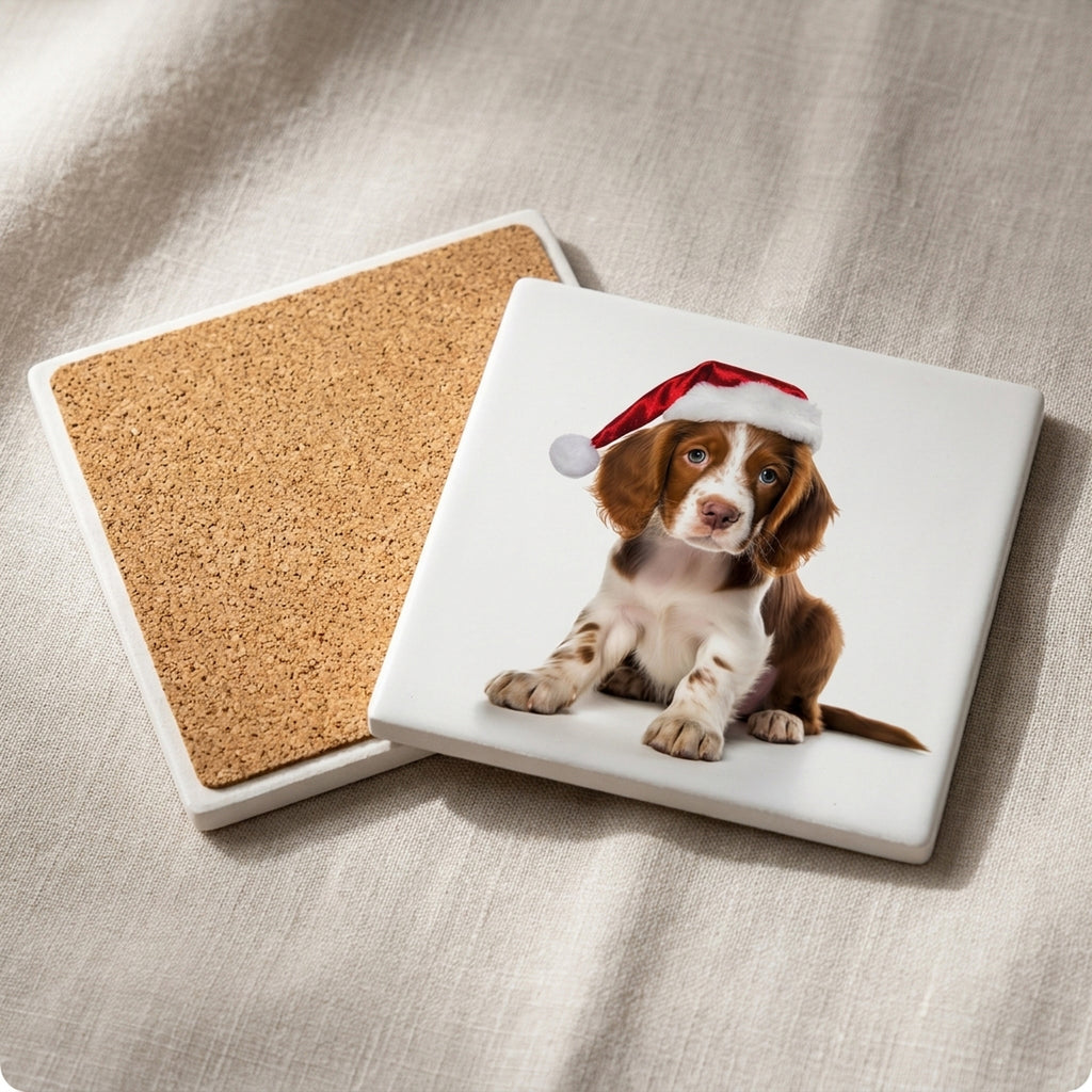 Irish Red and White Setter Puppy ceramic coasters set of 4, cork back