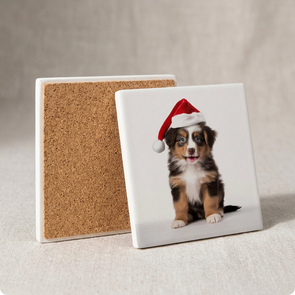 Miniature American Shepherd Puppy ceramic coasters set of 4, cork back