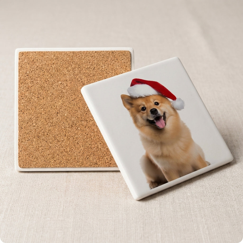 Finnish Spitz ceramic coasters set of 4, cork back
