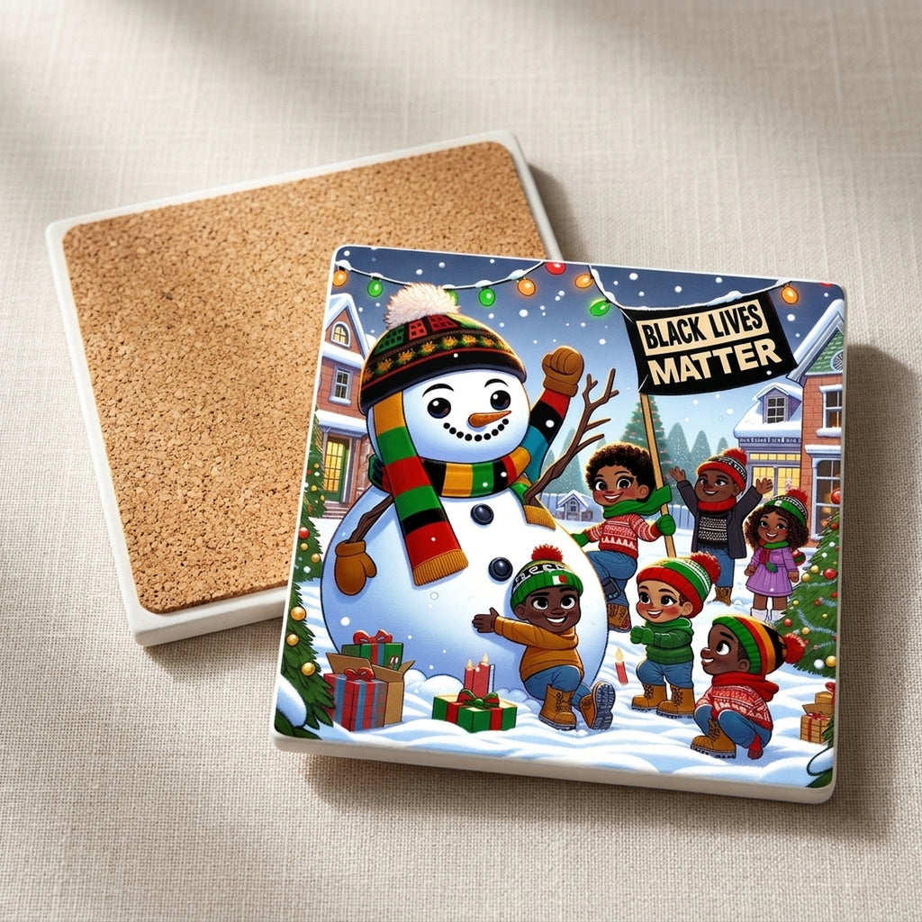 Festive Snowman Friends ceramic coasters set of 4, cork back