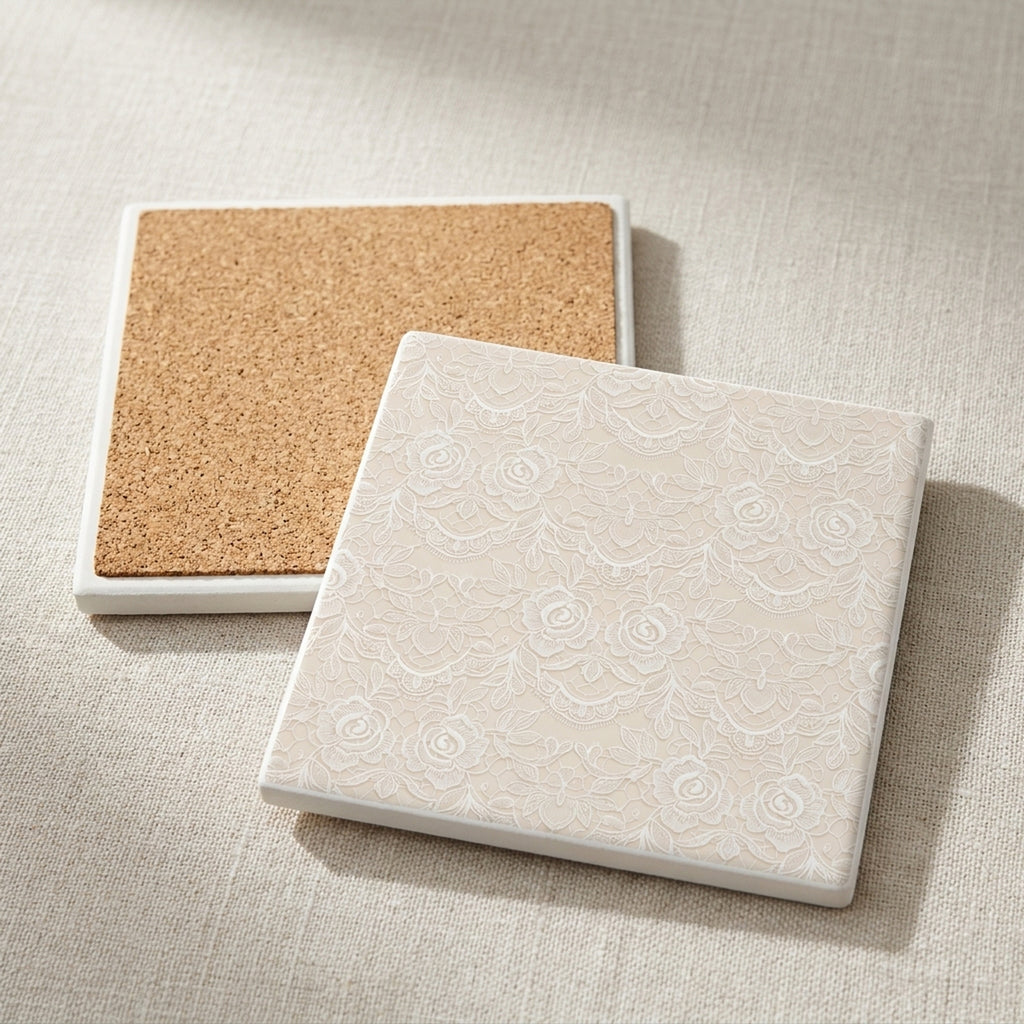 Floral Lace ceramic coasters set of 4, cork back