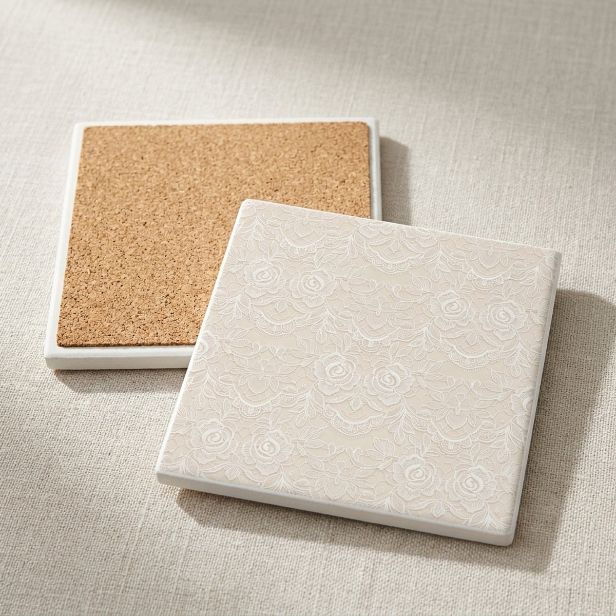 Floral Lace ceramic coasters set of 4, cork back