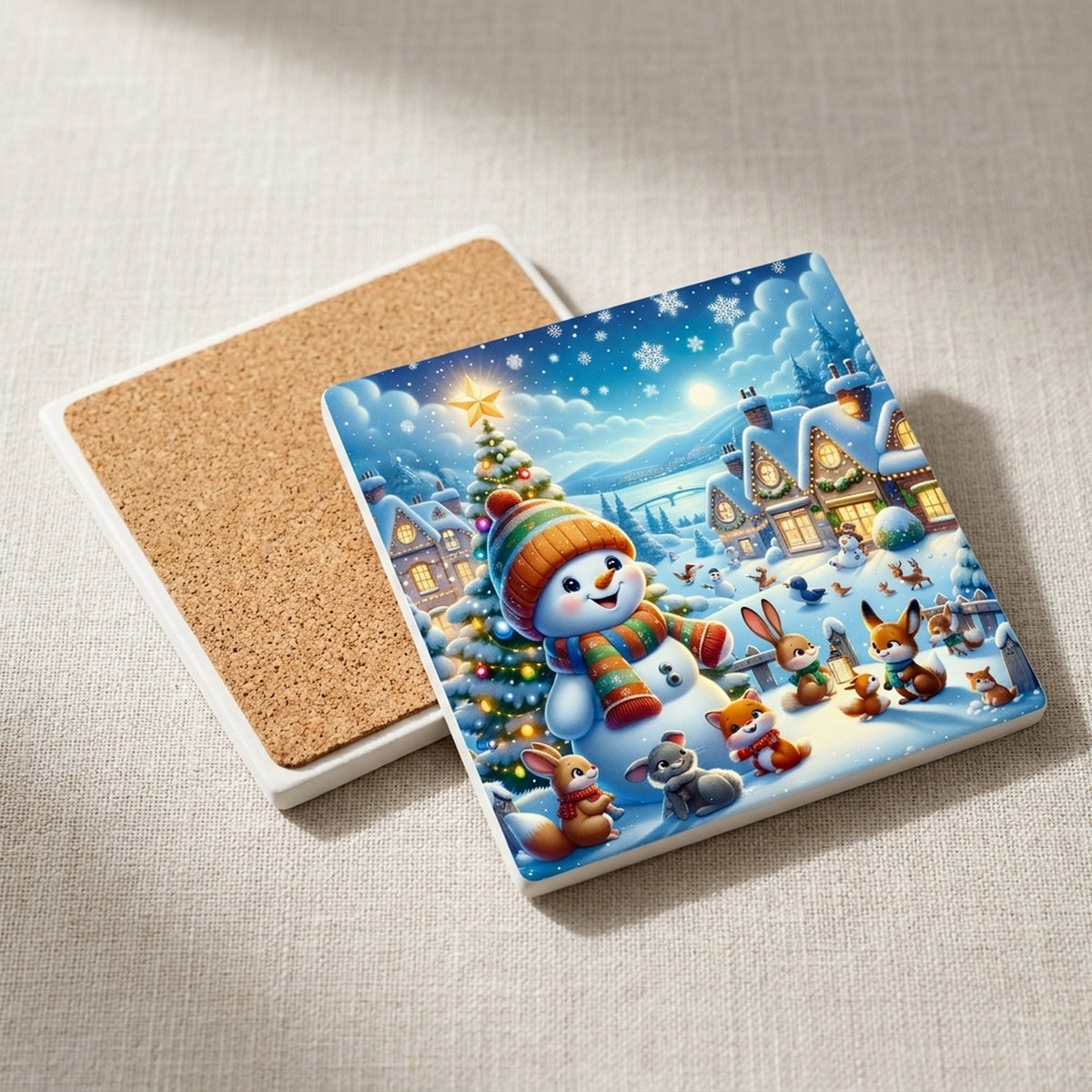 Winter Snowman Village ceramic coasters set of 4, cork back