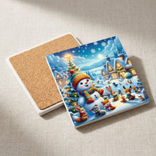 Winter Snowman Village ceramic coasters set of 4, cork back