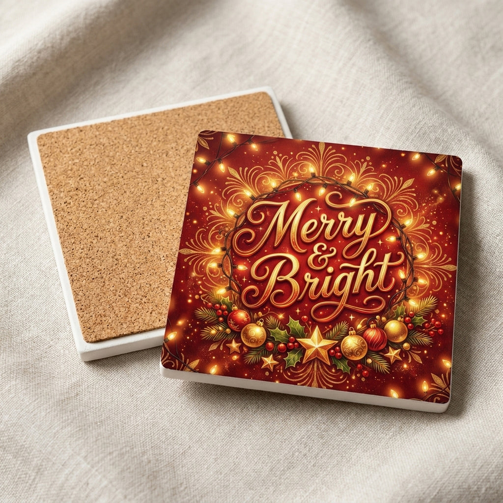 Merry & Bright ceramic coasters set of 4, cork back