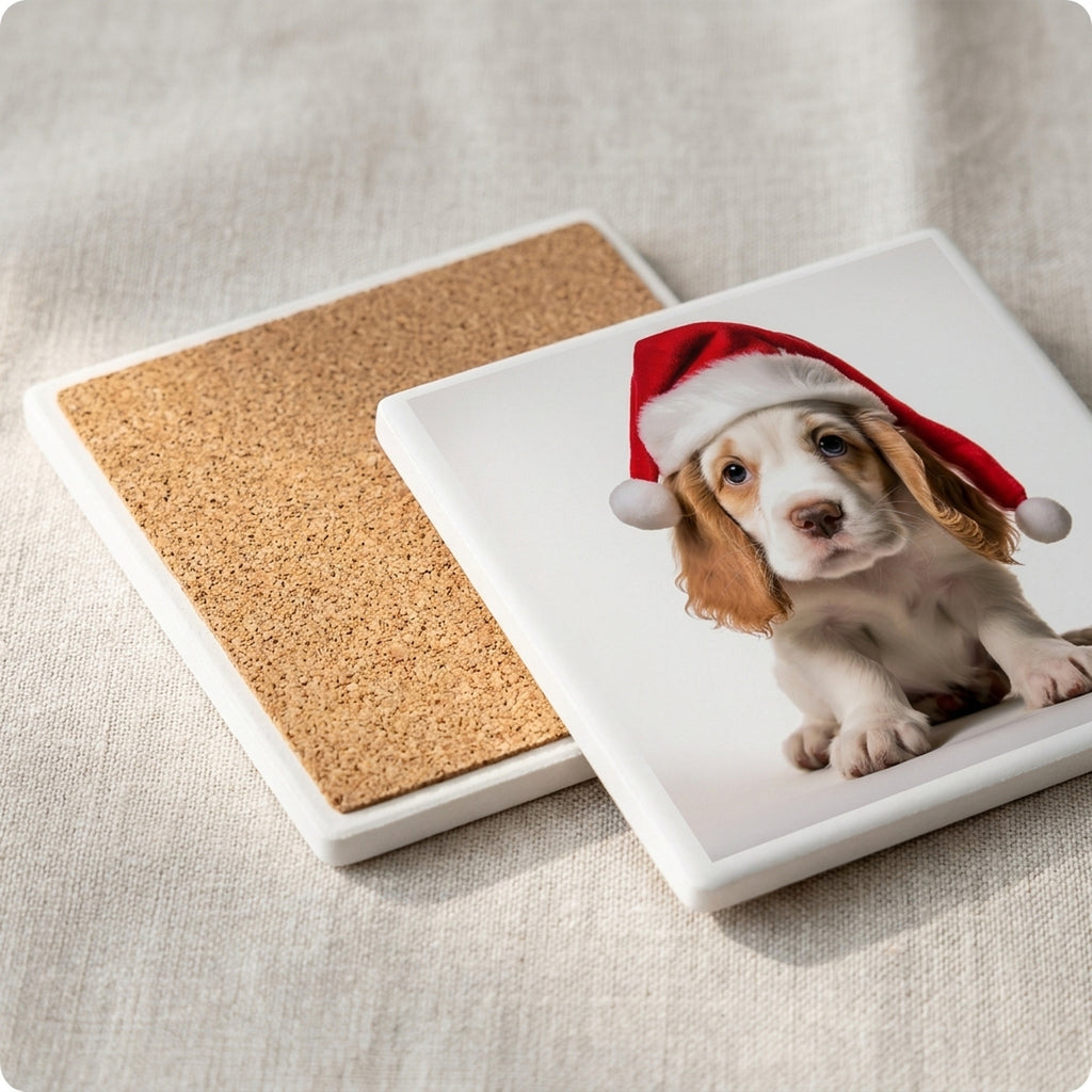 Clumber Spaniel Puppy ceramic coasters set of 4, cork back