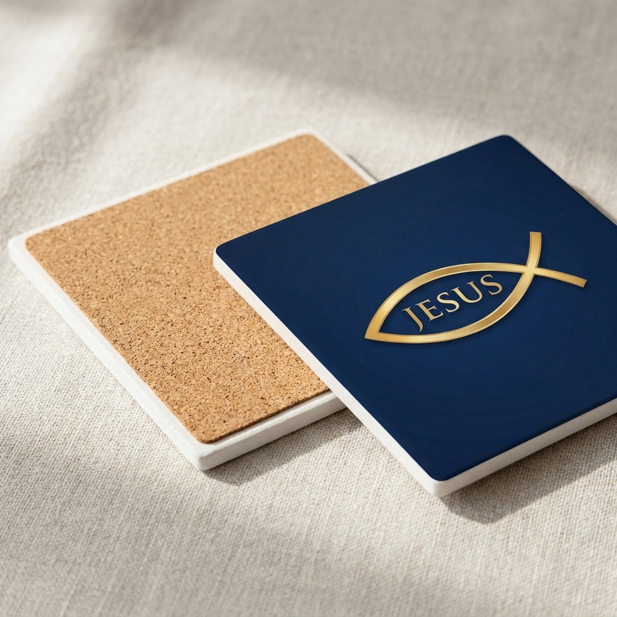 Ichthys Fish ceramic coasters set of 4, cork back