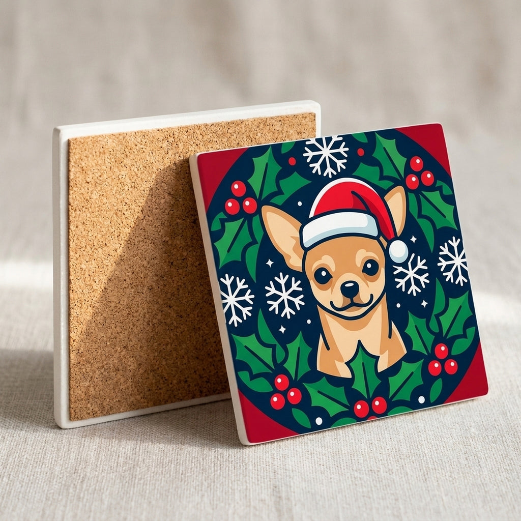Chihuahua Christmas Ornament Art ceramic coasters set of 4, cork back