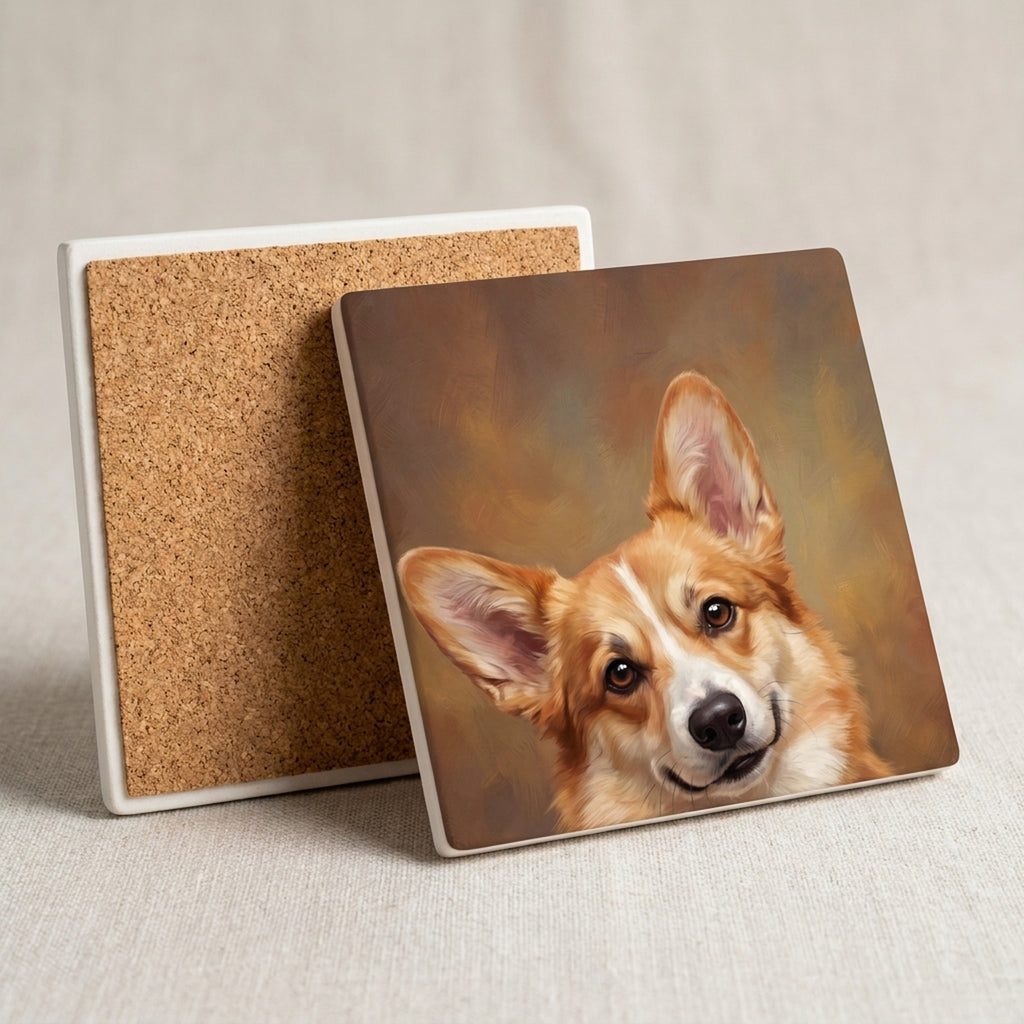 Corgi Portrait ceramic coasters set of 4, cork back