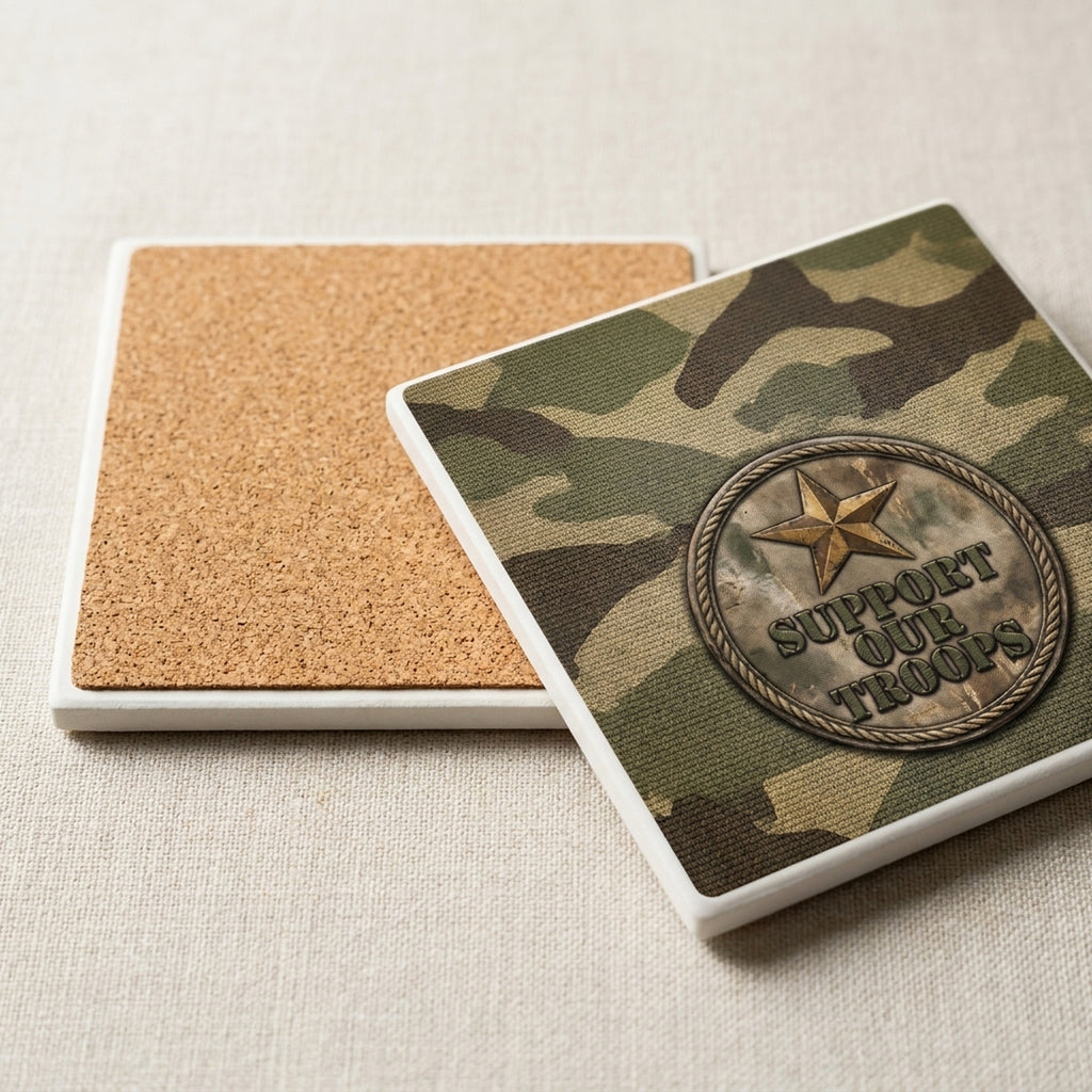 Military Camo Support ceramic coasters set of 4, cork back
