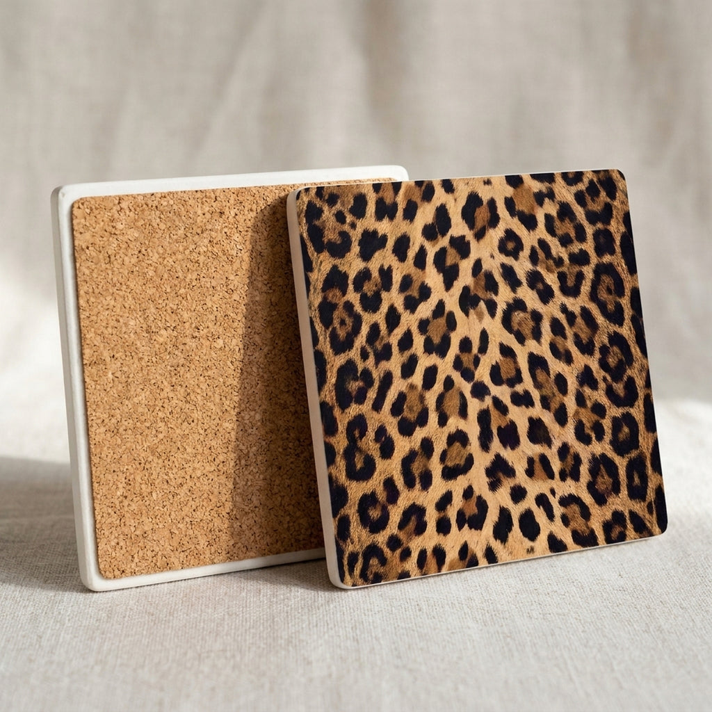 Leopard Print ceramic coasters set of 4, cork back