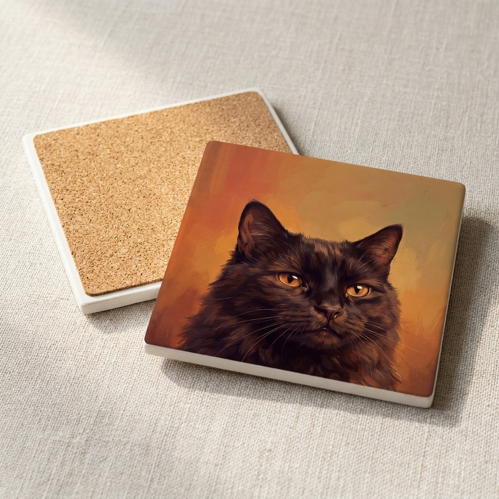 Black Cat Portrait ceramic coasters set of 4, cork back