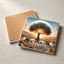 Golden Olive Tree ceramic coasters set of 4, cork back