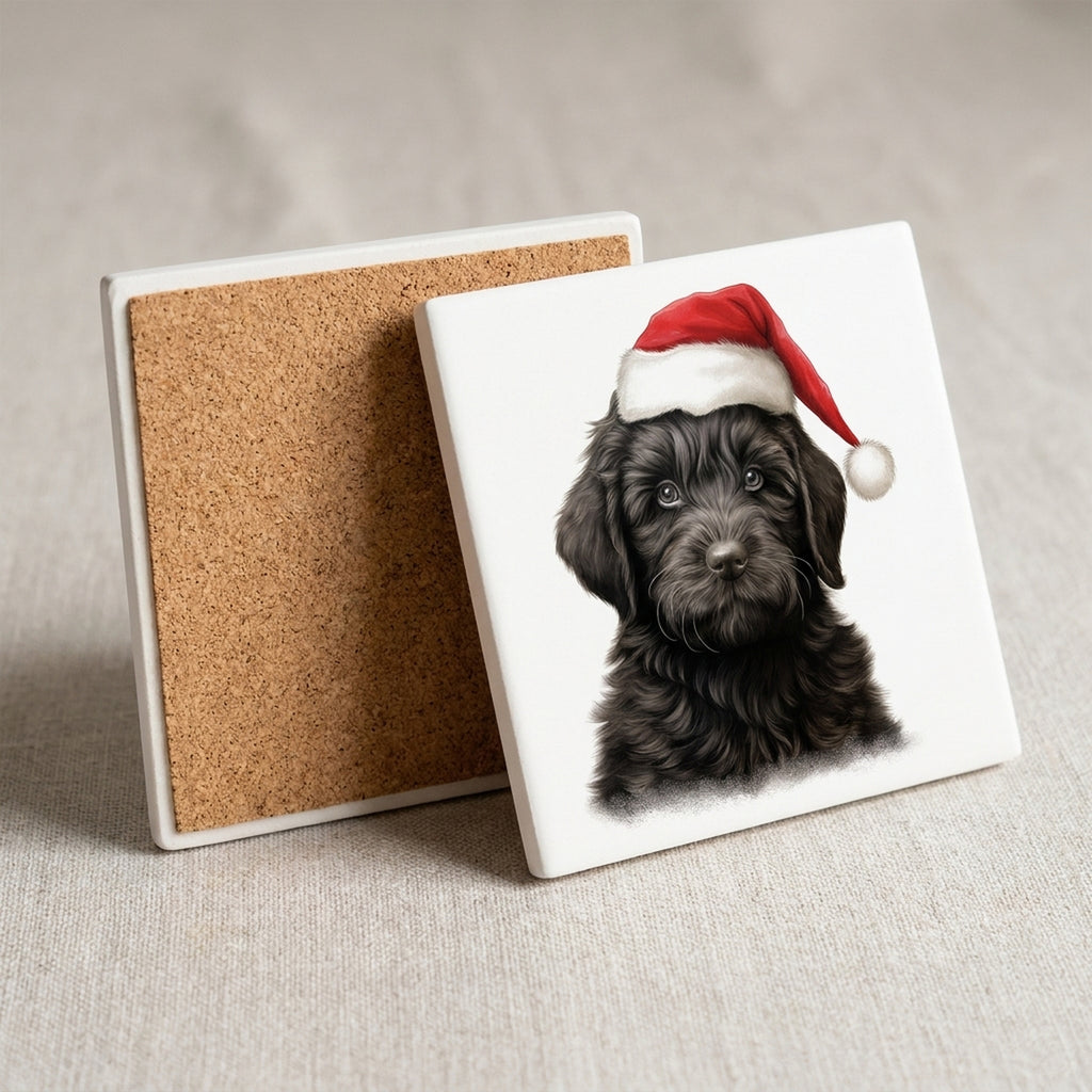 Black Russian Terrier Puppy Drawing ceramic coasters set of 4, cork back