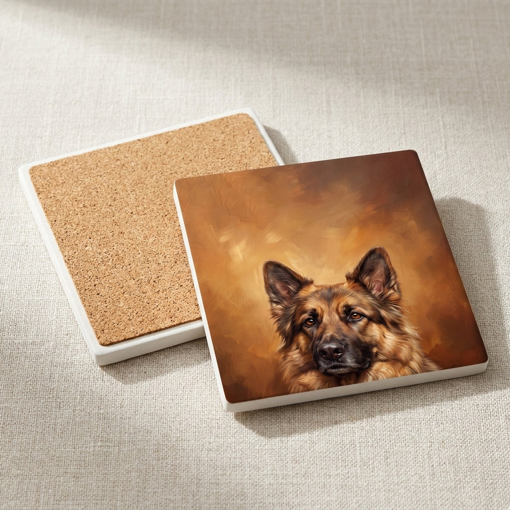 German Shepherd Portrait ceramic coasters set of 4, cork back
