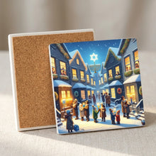 Snowy Hanukkah Village ceramic coasters set of 4, cork back