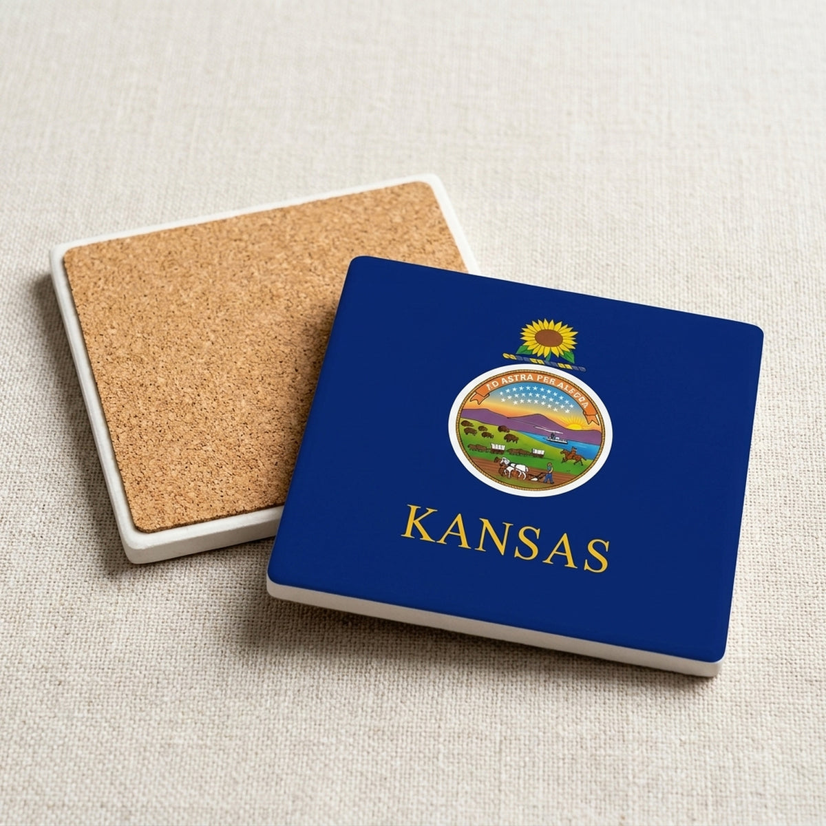 Kansas State Flag ceramic coasters set of 4, cork back