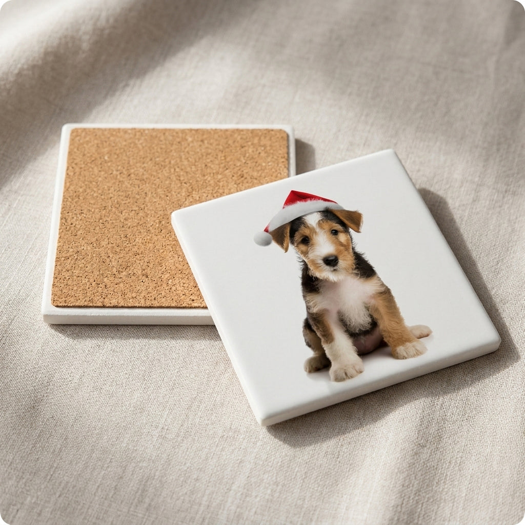 Wire Fox Terrier Puppy ceramic coasters set of 4, cork back