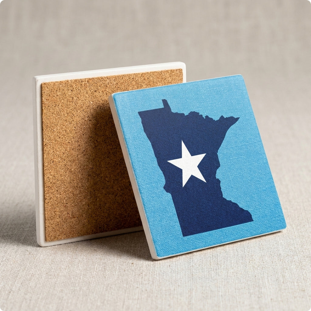 Minnesota State Flag ceramic coasters set of 4, cork back
