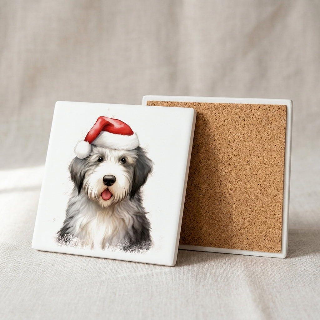 Old English Sheepdog Puppy Drawing ceramic coasters set of 4, cork back