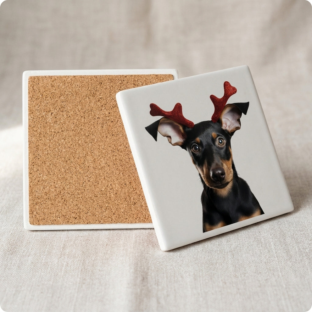 Doberman Pinscher Puppy ceramic coasters set of 4, cork back