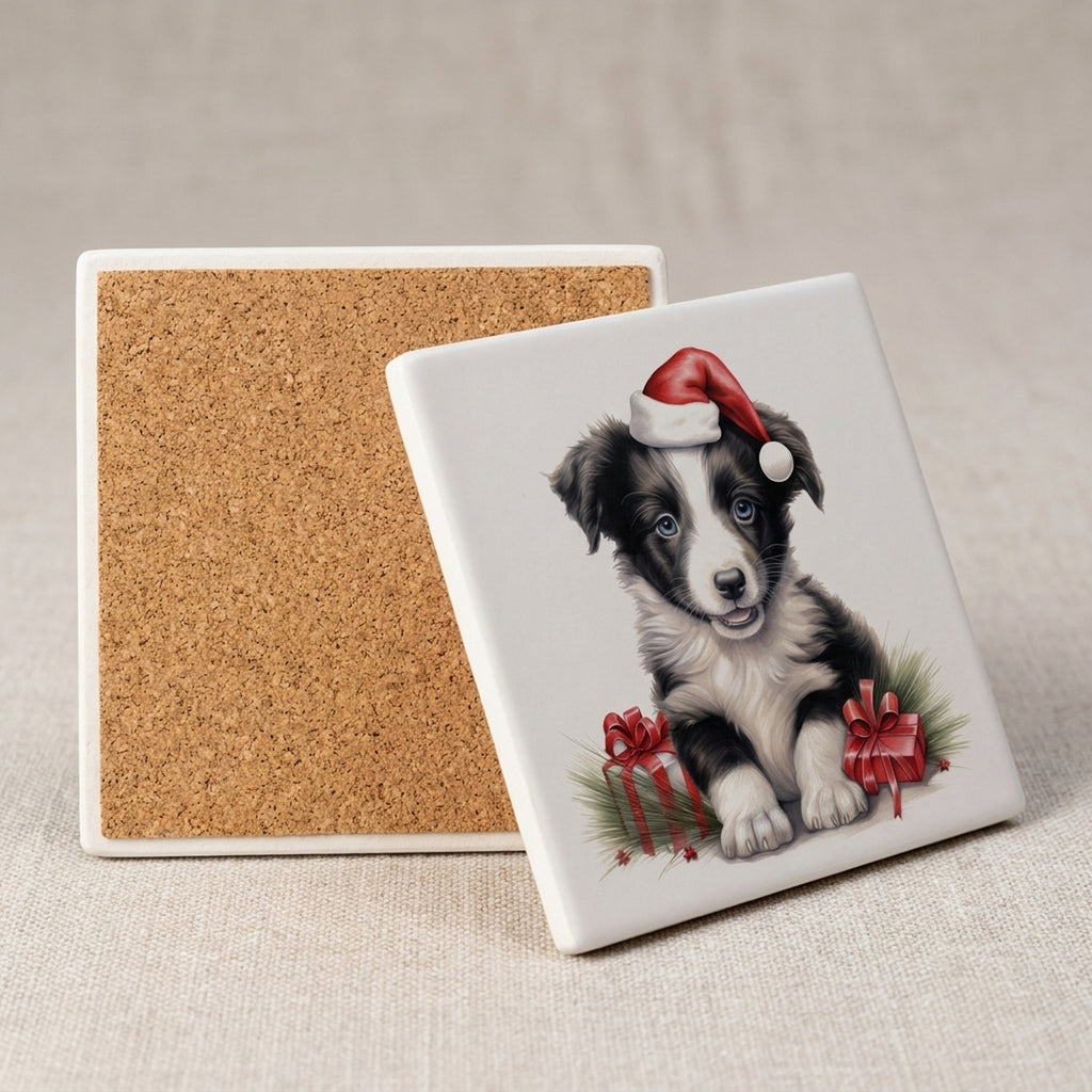 Border Collie Puppy Drawing ceramic coasters set of 4, cork back