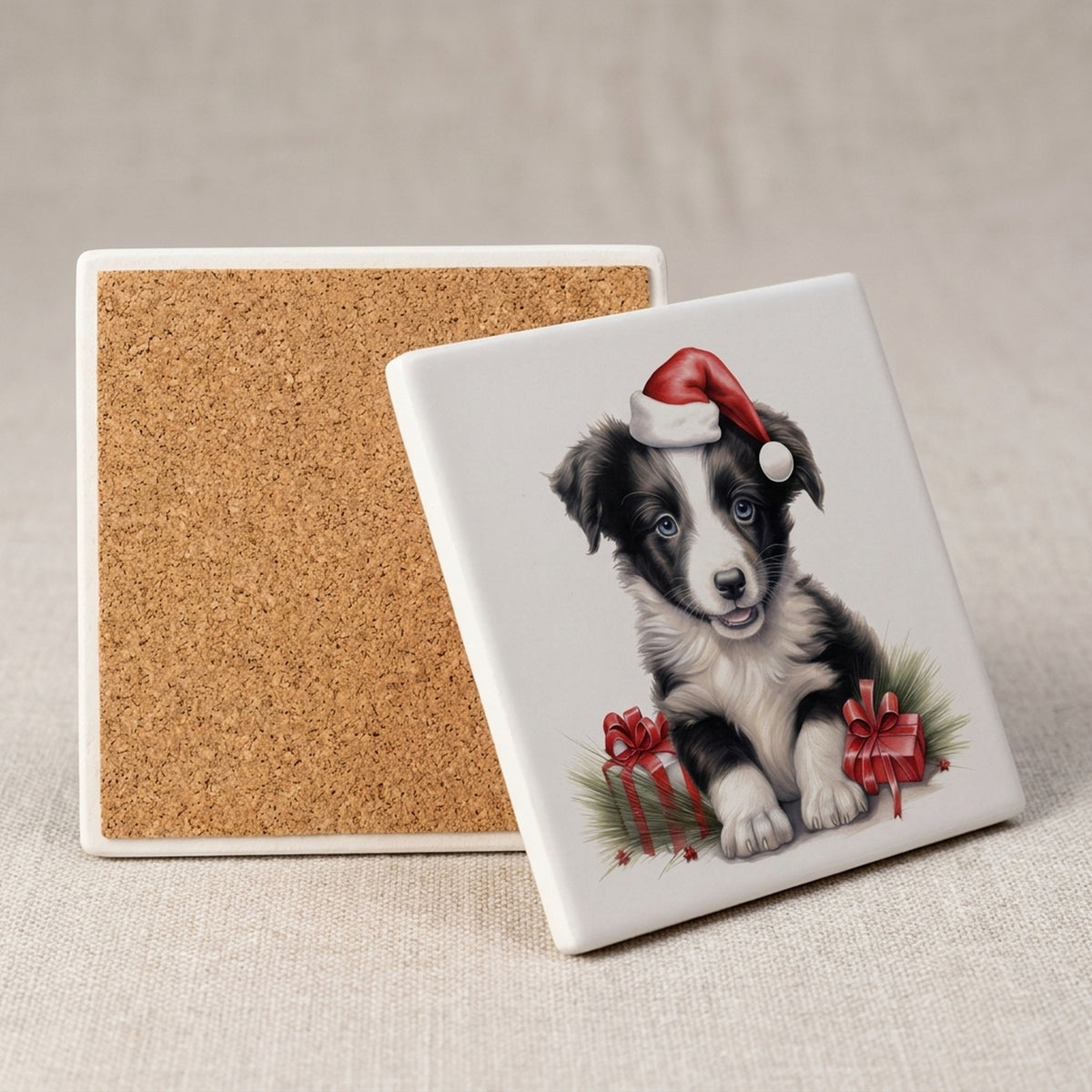 Border Collie Puppy Drawing ceramic coasters set of 4, cork back