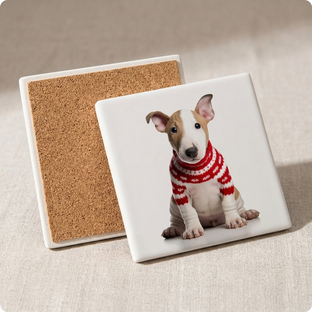 Bull Terrier Puppy ceramic coasters set of 4, cork back